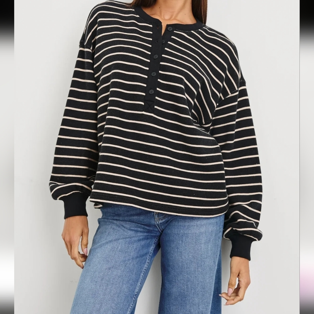 Rails‎ Joan Black Ivory Striped Button Round Neck 100% Cotton Sweater Size XL